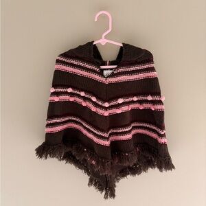 Koala Kids Brown Knit Hooded Poncho with Pink Detail